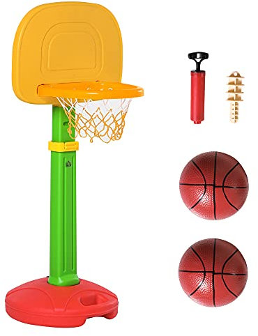 HOMCOM Canasta de Baloncesto Infantil con Altura Ajustable 2 Pelotas y Bomba de Aire para Niños +3 Años Juguetes Deportivos en Interiores y Exteriores 52,5x44x120-160 cm Multicolor