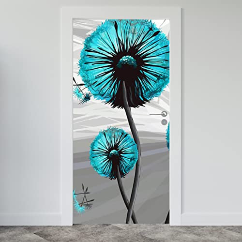Estika Türtapete selbstklebend - Türkis Pusteblume - 95x205 cm - Einem Bogen Türposter, Blumen Türaufkleber, Aufkleber PVC Folie, Klebefolie für türen, Tür tattoo, Modern decoration
