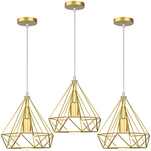 iDEGU Retro Pendelleuchte 25CM Industrie Hängelampe Vintage Deckenleuchter Rautenförmig Lampenschirm Käfig Design Vintage Lampe für Wohnzimmer Schlafzimmer Küche (3 Stücke, Gold)
