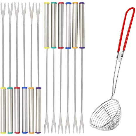 通用 Fonduegabeln Edelstahl mit Hitzebeständigem Griff 6 Farben Fondue Gabel 24cm für Käse Braten Marshmallows Fleisch mit Edelstahl Küchensieb (12)