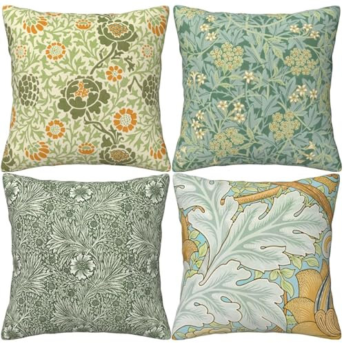 HOSTECCO Kissenbezug mit Blumenmuster, 45 x 45 cm, 4er-Set, Kissenbezüge mit William Morris-Muster, doppelseitig Bedruckt, dekorative Kissenbezüge