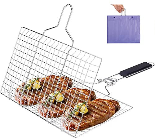 Olighan Fischgrillkorb, faltbarer Grillkorb mit abnehmbarem Griff, Edelstahl, groß, zusammenklappbar, tragbarer Camping-Grillkorb für Gemüse, Steak, Fisch, Garnelen zu Hause oder im Freien