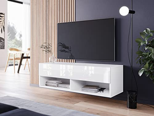 PIASKI Mueble de TV 100 cm LOWBOARD A, iluminación LED Opcional, Mueble de televisión, Mueble de televisor pequeño,Distintos Colores (Blanco Brillo)