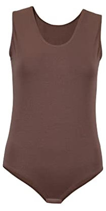 Evoni Damenbody l Damen Overall Bodysuit mit Rundhals l breite Träger l Verschluß-Haken l Unterzieh-Body mit optimaler Passform l sportlicher Damen-Body L Braun