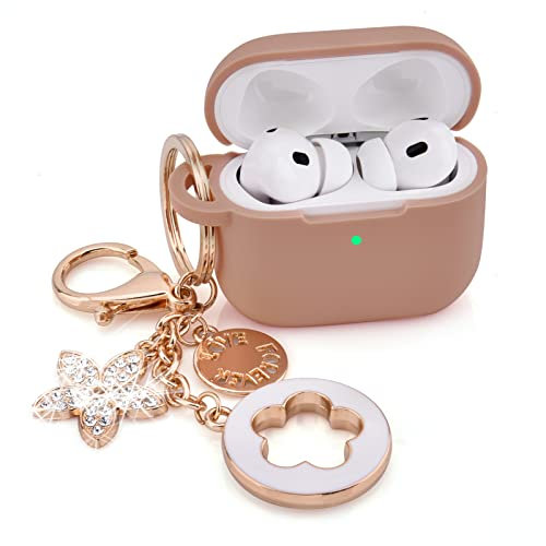 Case for Airpods Pro 2nd Generation - VISOOM Airpods Pro 2 Cases Cover Women 2024 Silicone iPod Pro 2 Earbuds Wireless Charging Cases Girl Bling Keychain for Apple Airpod Gen Pro 2(Milk Tea)