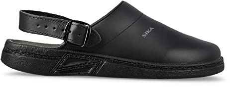 SIKA SRC Pantoletten Herren & Damen mit Verstellbarem Fersenriemen | Pantolette Herren & Damen Schwarz aus Wasserabweisendem atmungsaktivem Leder | Ideal für Pflegepersonal Krankenhaus Küche