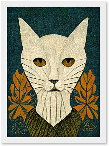 Doppelganger33 LTD Elegant Cat Illustration William Morris Style Teal Mustard Artwork Framed Wall Art Print A4