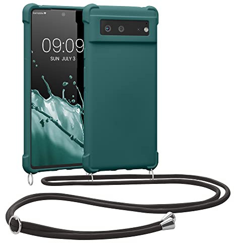 kwmobile Étui à bandoulière compatible avec Google Pixel 6 - Coque en silicone TPU avec sangle - Bleu pétrole