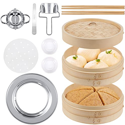 25,4 cm 2-stöckiges Bambus-Dampfkorb-Set inklusive Edelstahl-Dampfgarer-Ring, Teigtaschen-Form und Schneider, Fleischlöffel, 2 Paar Bambus-Essstäbchen, 2 Stück Saucenschale, 50 Stück Papiereinlagen