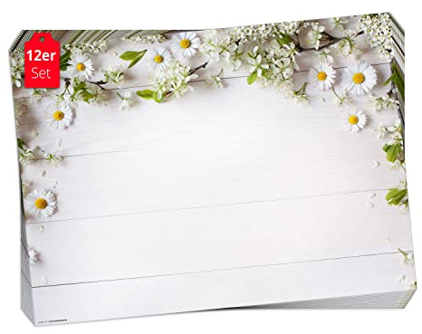 Tischset, Platzset - Wiesenblüten auf weißem Holz - 12 Stück Made in Germany, 44x32cm aus speziellem Naturpapier in Aufbewahrungsmappe – die besondere Tischdeko für Frühling, Ostern & Blumen