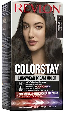 Revlon Colorstay Tinte Pelo Mujer, Coloración Permanente de larga duración, Incluye mascarilla potenciadora del color, Hasta 8 semanas de color, Tono 3 Castaño Oscuro