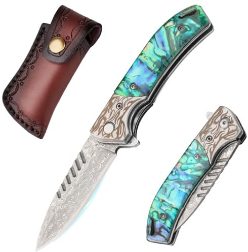 SUNEMY Couteau Pliant Damas Haute Qualité Couteau de Poche Damassé, Lame Tranchante Couteau à une main avec magnifique poignée peinte à la main, EDC Couteau pliant avec étui en cuir et boîte cadeau