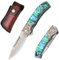 SUNEMY Damast Taschenmesser Klappmesser mit gravur, Hochwertig Jagdmesser Einhandmesser Einzigartig Abalone Muschel Griff, für EDC Männer Outdoor Sammeln Geschenk