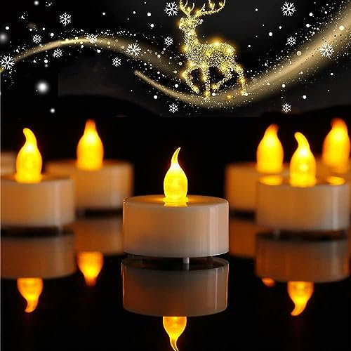 100 Pack Realistic and Bright Flickering Battery Operated Flameless LED Tea Lights Candles, tealights Electric Fake Candles for Halloween Christmas Weddings Festivals Decoration in Warm Yellow
