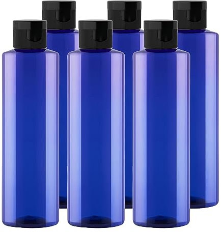 BPZXL Pack of 6, Empty 250ml Refillable Blue Plastic Bottles with Black Flip Cap Bottle for Cosmetic shampoo, conditioner, lotion, shower gel, etc.