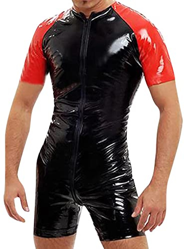 Gefomuofe Herren Jumpsuit aus Wetlook Latex Anzug Kurzarm Mantel Sexy Schwarz mit Roter Polizist Farbe Unisex Größe Bodysuit Herren-Ganzkörper-Trikot mit Langen Ärmeln Ganzanzug