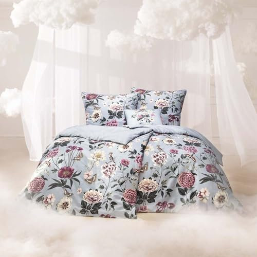 ESTELLA Mako-Satin Traumstoff Bettwäsche 155x220 Ciara Blüten rosa blau 4031-630