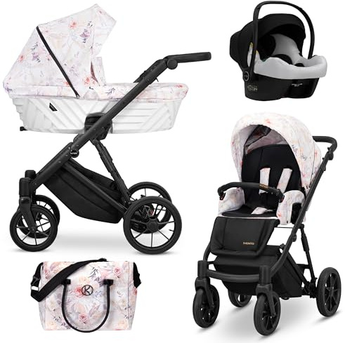 Kunert® IVENTO 3 in 1 Kinderwagen Kombikinderwagen komplettset I incl. Babywanne & Buggy Sportsitz & Auto-Babyschale mit Wickeltasche/Regenschutz +Fußsack I IVE 04 DELICATE FLOWERS/BLACK FRAME