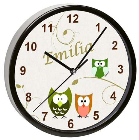 CreaDesign, Wanduhr Kinder personalisiert mit Name, Motiv Eule grün orange, Rahmen Wanduhr schwarz, Ø 19,5 cm