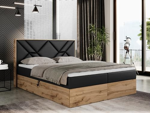 MKS MEBLE Boxspringbett 180x200 mit Bettkasten, Polsterbett 180x200 mit Matratze H3, Boxspringbett 180x200 mit Kopfteil, Boxspringbett mit Massivholz - Gunar - Schwarz Kunstleder - H3