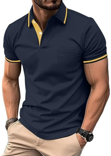 zitysport Polo Uomo Camicia a Maniche Corte Camicia da Golf Traspirante Uomo Camicie estive Sport Basic Slim Fit Tshirt con Tasca sul Petto Polo Shirt(Blu Navy XL)