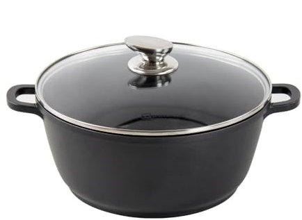 SQ Professional NEA Die-Cast Stock Pot -Aluminum Stackable Casserole Dishes Tempered Glass Lid-Non-Stick Cooking Pot- Stainless Steel knob (Nera, 20.0cm), 7583