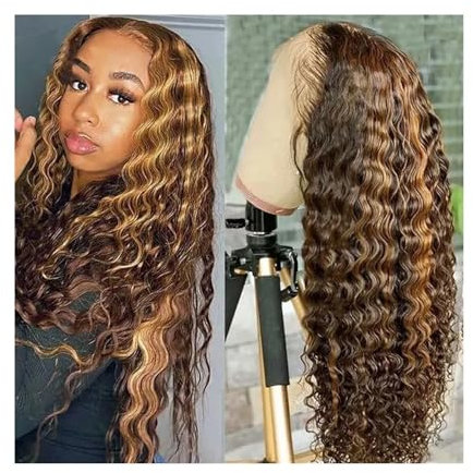perücken Highlight 13X4X1 T-Teil-Lace-Front-Perücken, tiefe Welle, 4/27, Ombre-farbig, leimlose Echthaar-Perücken for schwarze Frauen, Remy-Haar, vorgezupft mit Babyhaar Perücke (Size : 180%, Color