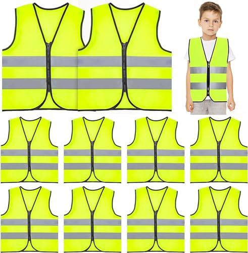 10 Pcs Kids Safety Vest, Children's High Visibility Vest with Zipper Toddler Reflective Kids Construction Neon Traffic with Reflective Strips for Cycling and Running