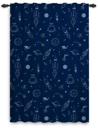 ggaimwf Weltraumvorhänge für Kinder Rakete Galaxy Planet Marineblau Weltraum Themen Schlafzimmer Accessoires Fenstertürvorhänge für Jungen Baby Kinderzimmer Spielzimmer Raumteiler 117x175cm 1 Stück