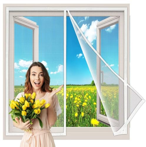 Magnet Fliegengitter BalkonFenster im Viele Größe 90x65 cm, Robustes Fiberglas tärkere Magneten, Insektenschutz Fenster Ohne Bohren, Fliegennetz, Fliegenvorhang Innovativ, Weiß