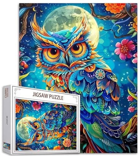 1000 Piece Jigsaw Puzzles for Adults Animal Owl Painting Jigsaw Puzzle Wildlife Tropical Flowers Puzzles for Challenging Family Activity Game Fantasy Full Moon Art DIY Puzzle Wall Decor(Colorful)