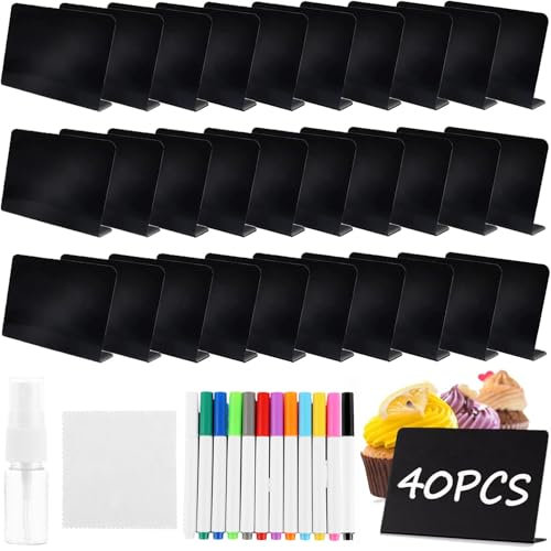 SENENQU 40 Stück Klein Kreidetafel zum Beschriften mit Stift, L-Form Mini Kreidetafeln Schilder, Kunststoff Buffet Schilder Preisschilder Aufsteller zum Beschriften für Buffet, Bäckerei, Party