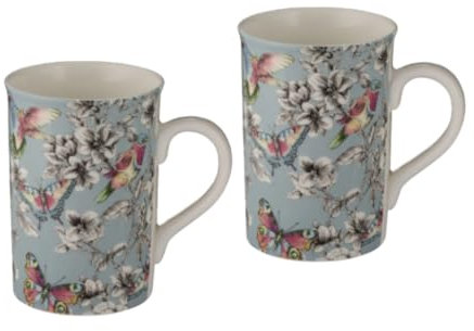 Set of 2 Retro Vintage Style Fine China Tea/Coffee/Hot Chocolate Mugs/Cups - Butterfly Garden Design – Duck Egg Blue/Pink/White - 300 ml - 10.5 cm