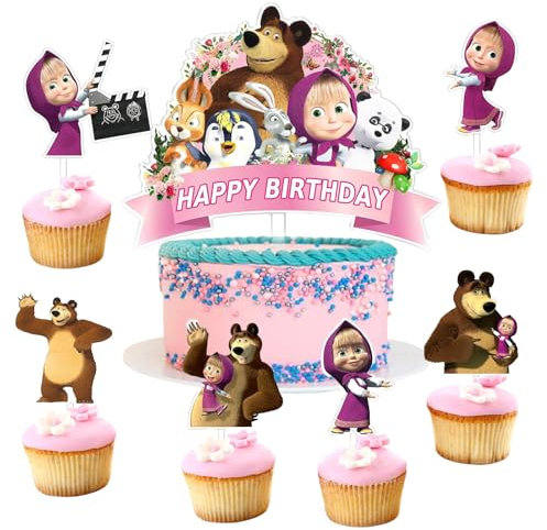 Ragazze e Orso Decorazione Della Torta, Ragazze e Orso Compleanno Deco, 7Pcs Cucina Decorazione Ragazze e Orso, Ragazze e Orso Torta Topper Bambini, Compleanno Per Bambini