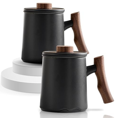 JanYoo 2 Stück Teetasse mit Deckel und Sieb - 360 ml Keramik Tee Tasse Teetassen und Untersetzer Set, Schwarz Teebecher Set mit Henkel für Losen Tee Matte Steinzeug Glasierte Teetassen