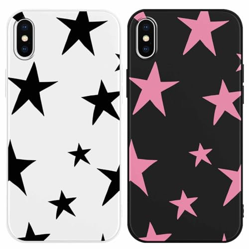 Yomjew 2 Pack Cute Girly Star Phone Case for iPhone X/XS 5.8 inches, Cool Pattern Design Case Soft Slim Protective Shockproof TPU Cover for Women Girls, Black & Pink