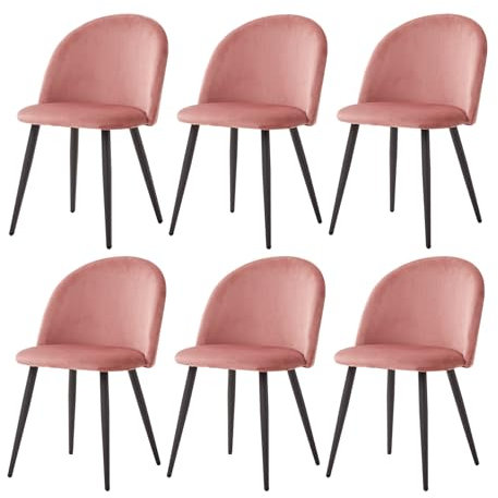 BenyLed Lot de 6 Chaises de Salle à Manger en Velours, Chaises de Cuisine Rembourrées avec Pieds en Métal Noir, Chaises D'appoint pour Le Salon, la Chambre à Coucher, la Cuisine (Rose/Pieds Noirs)