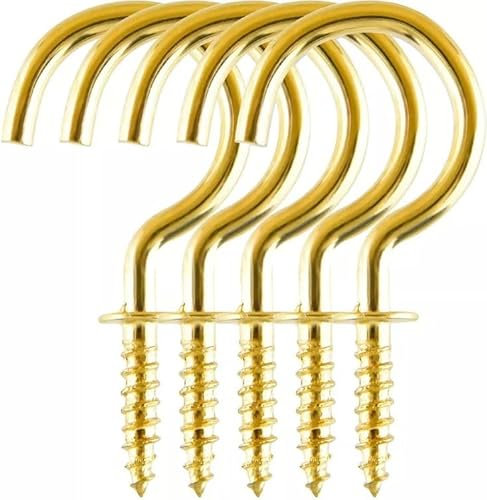 SISI UK Brass Plated Shouldered Mug Cup Hooks 50mm (2 inch) Cup Hook Metal Ceiling Hooks Multipurpose Screw-in Wall Hooks for Hanging Kitchen Utensils for Indoor & Outdoor 10PCS.