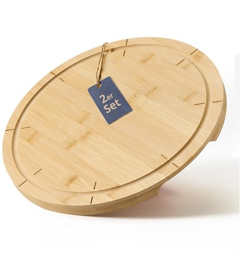 KHG Pizzateller 2er Set Pizzabrett 33 cm Durchmesser, Schneidbrett aus Holz, Bambus schnittfest, 8-fache Einteilung für gleichmäßig große Stücke, Holzteller für Pizza