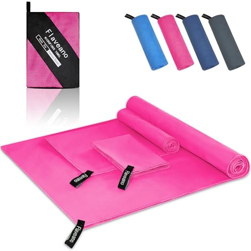 Flaveano Serviette Microfibre, Serviette Sport Lot de 3 (180x90cm, 80x40cm, 50x30cm), Séchage Rapide pour La Plage, La Piscine, Le Camping, Le Gymnase et Le Voyage - Rose