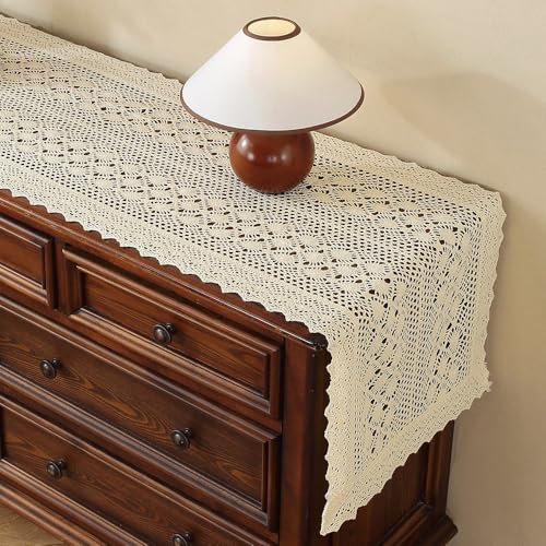 Clothfuna Cremefarbener Häkel-Tischläufer, Baumwollspitzenläufer für den Esstisch, Couchtischläufer für Schminktisch, Sideboard, Party, 42 x 180 cm, Beige