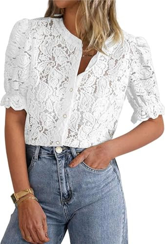 LLECDASEUI Womens Elegant Lace Dressy Blouses 2025 Summer Short Puff Sleeve Tunic Tops Crew Neck Button Down Shirts (S,White)