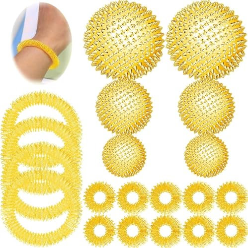 6 Stück Magnetic Massagebälle Set + 10 Stk Akupressur Ring Finger + 4 Massage-armbänder, Skills Borderline Set, Massageball Magnetisch, Skills, Skills Borderline, Magnetic Acupressure Balls (Golden)