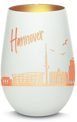 Gravur-Max Windlicht mit 360° Gravur Skyline Hannover Deko Glaslicht als tolles Geschenk mit Einer hochwertigen Lasergravur zu jedem Anlass in der Farbe Weiß/Bronze