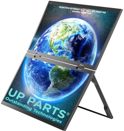 UP PARTS® Monitor portátil, doble monitor portátil, 156PS – 15.6 Aluminio Full HD 1920x1080, IPS, doble pantalla plegable, USB-C y HDMI, Ultra delgado, altavoces integrados, empresa italiana
