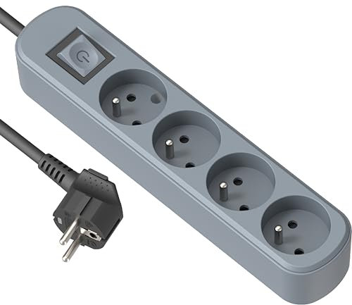 Electraline 32029 Bloc Multiprise Prima 4 Prises 16A avec Interrupteur, Longueur 1.5 Mètres, Bleu Ardoise