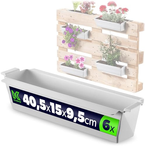 KADAX Pflanzkasten 6er Set für Paletten mit Hängesystem, 37x9 cm Weiß, zum Bepflanzen & Dekorieren als Balkonkasten, Blumenkasten für Europalette, Blumentopf-Einsatz & Übertopf in Palettengärten