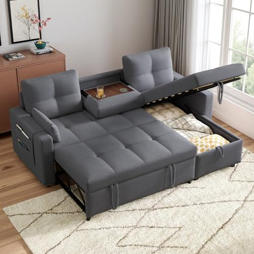 Zubaliya Canapé 3 Places Moderne en Forme de L avec équipé d'un Espace de Rangement et d'un Porte-gobelet Rabattable,canapé d'angle Convertible,canapé lit,adapté au Salon, au Home cinéma,Lin,Gris