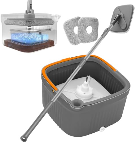 Mopa Fregona con Cubo Escurridor, 360 ° Rotación Telescópica Fregona Autoescurrible, Separación De Agua Limpia Y Sucia, Equipado con 2 Almohadillas Reutilizables, Adecuado para Una Variedad De Pisos