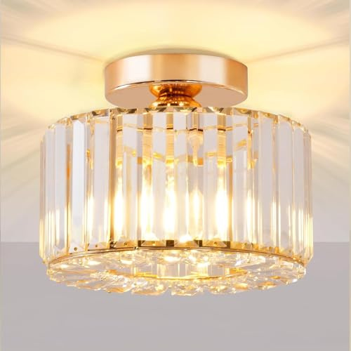 Seruno X Kristall Deckenleuchte, Moderne Kristall Kronleuchter Gold mit Glas Lampenschirm, Semi Unterputz Deckenleuchte für Wohnzimmer, Schlafzimmer, Küche, Esszimmer, Flur, Badezimmer, Foyer, Bar